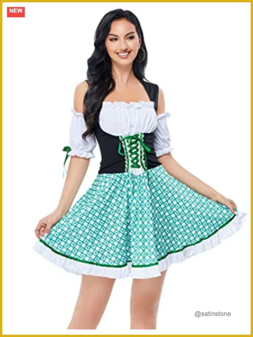 Oktoberfest Dirndl Dress Square Neck Lace Trim Short Sleeve Slim Fit Costume
